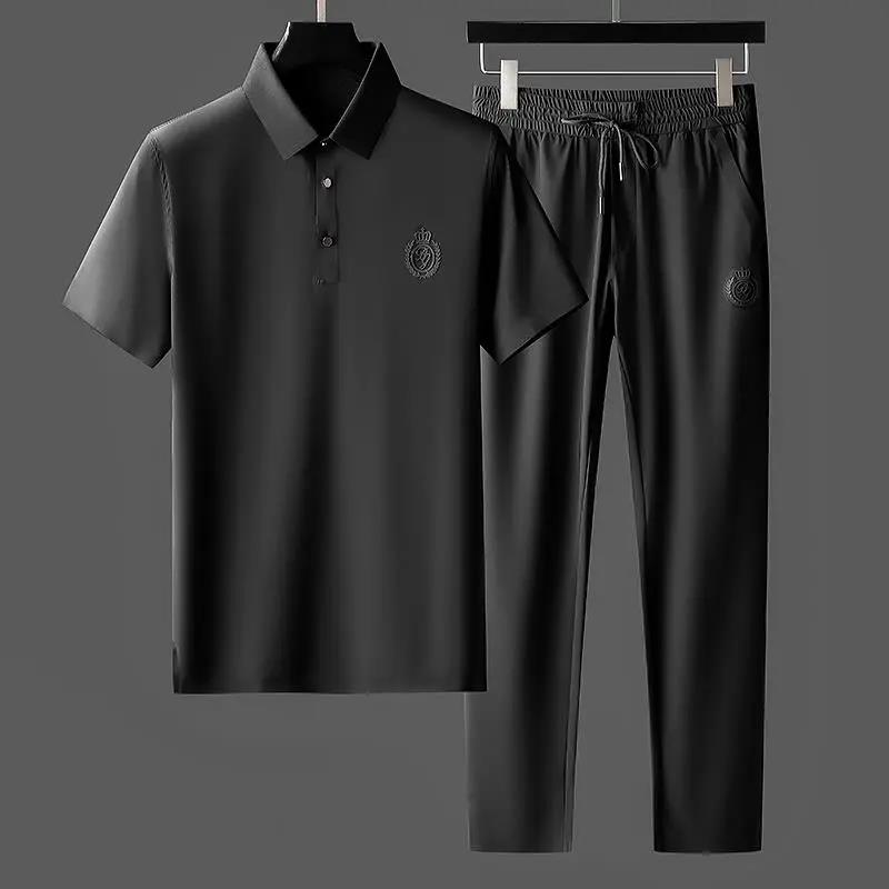 Summer Silky Seamless Ice Silk Middle-aged Business Two-piece Men's Straight Short-sleeved Lapel T-shirt Casual Suit