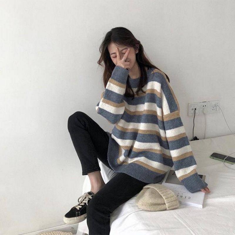 Pofulove Women's Sweatshirt Wild Bottoming Sweater Winter New Loose Contrast Striped Sweater