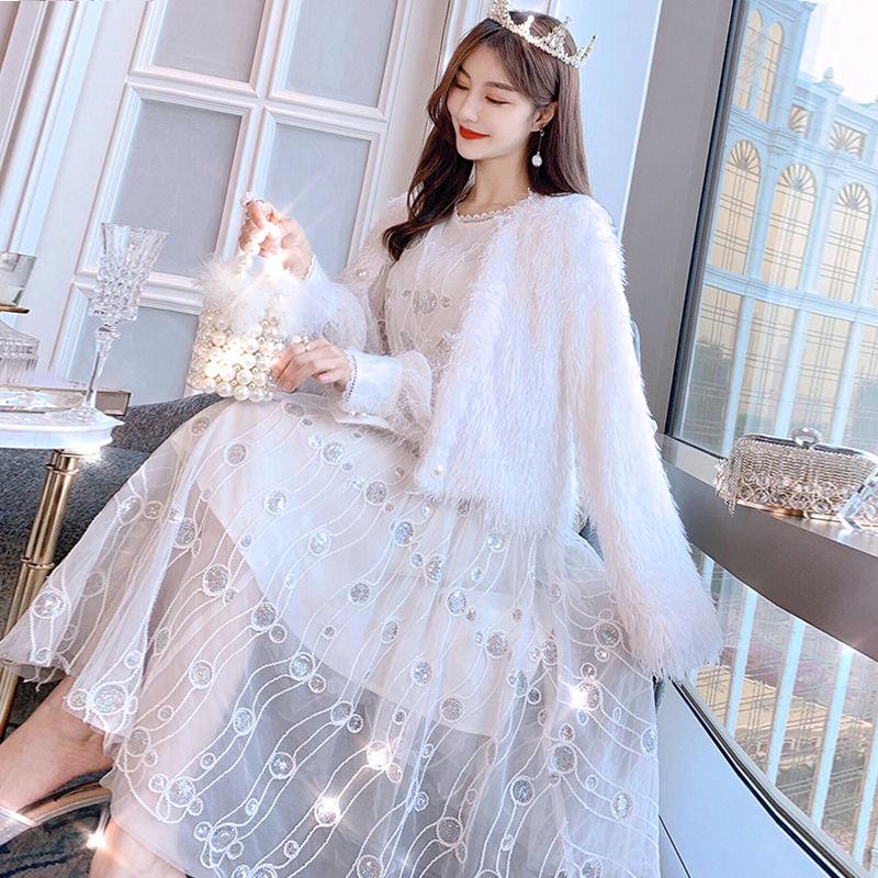 Slim fit dress female autumn and winter net yarn tassel sequins skirt plus size long skirt