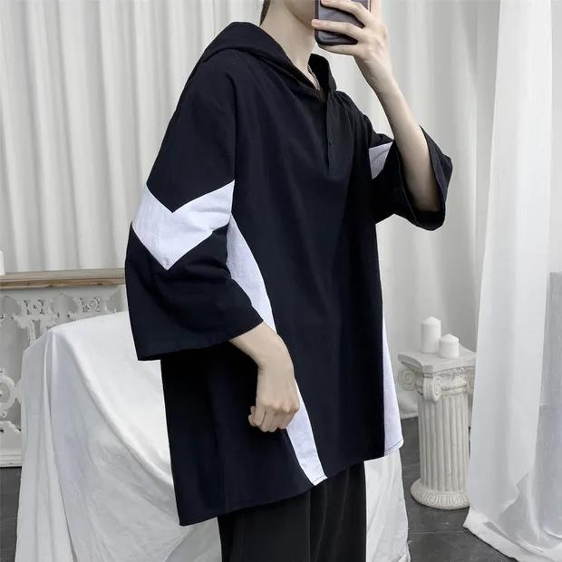 Three-quarter Sleeve T-shirt Summer Trend Color Matching Ins Student Large Size Hooded Short-sleeved Male Trendy Male Loose
