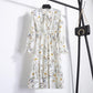 Bowknot Floral Chiffon Dress Female Long-sleeved Bottoming Skirt Waist Pleated Temperament Mid-length Skirt Loose and Thin, Breathable and Cool