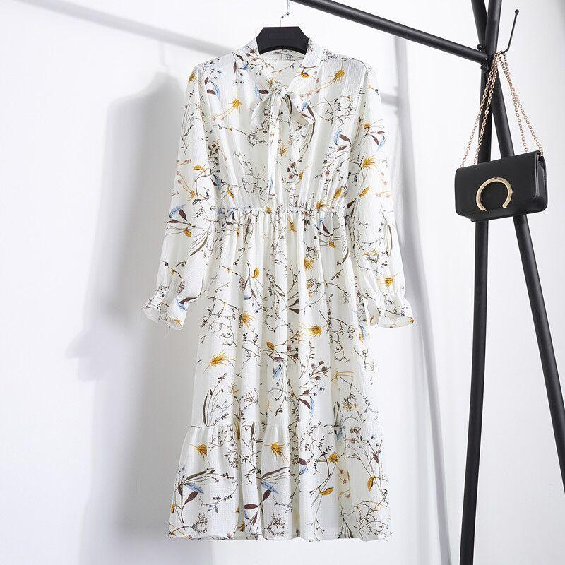 Bowknot Floral Chiffon Dress Female Long-sleeved Bottoming Skirt Waist Pleated Temperament Mid-length Skirt Loose and Thin, Breathable and Cool