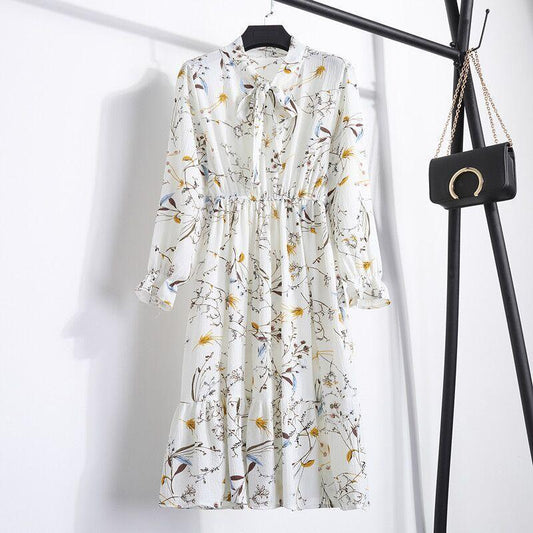 Bowknot Floral Chiffon Dress Female Long-sleeved Bottoming Skirt Waist Pleated Temperament Mid-length Skirt Loose and Thin, Breathable and Cool