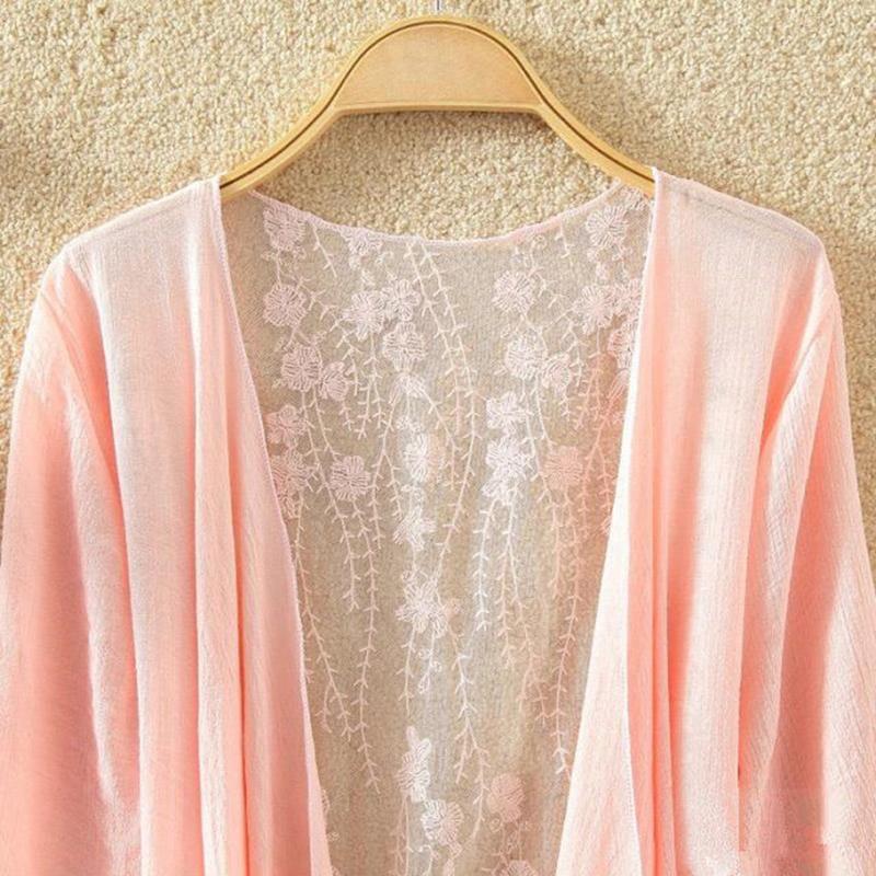 Women's Cotton and Linen Lace Sun Protection Thin Cardigan Beach Mid-length Plus Size Shawl Loose Top