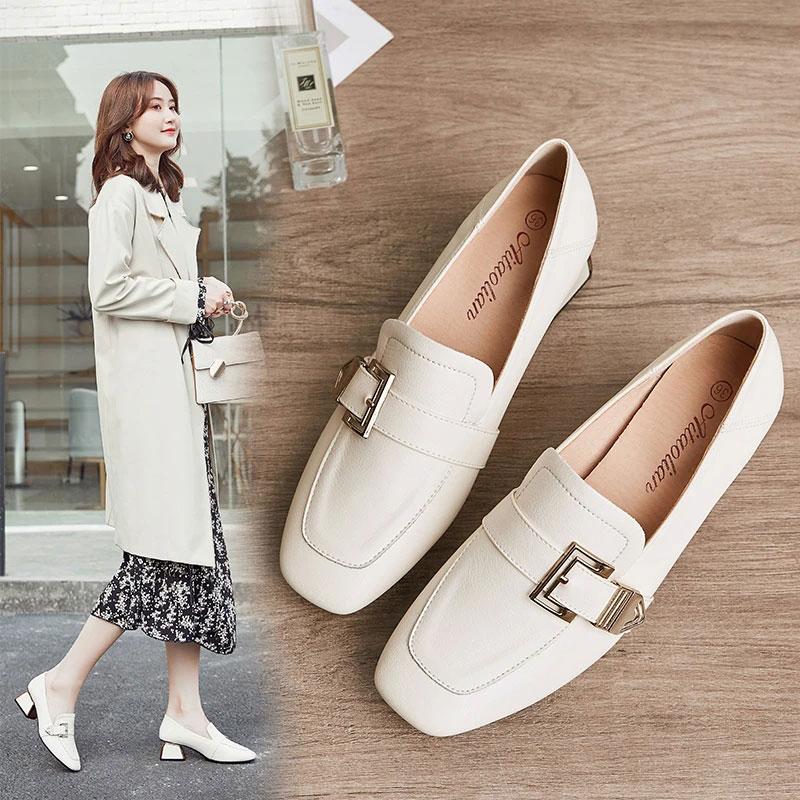 Soft Surface Comfortable Real Cowhide Thick Mid-heel Work Shoes Casual Shoes Single Shoes Women's Square Toe English Small Leather Shoes