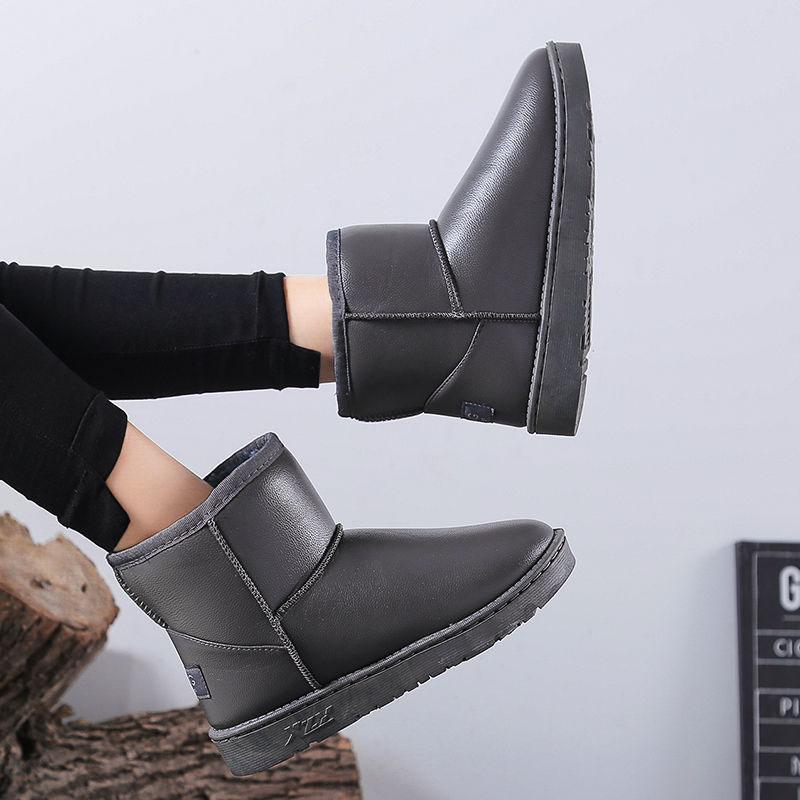 Women Snow Boots Pu Leather Ankle Boots Flat Bottom Waterproof Non-slip Plus Velvet Snow Boots Woman Shoes Large Size 36-40