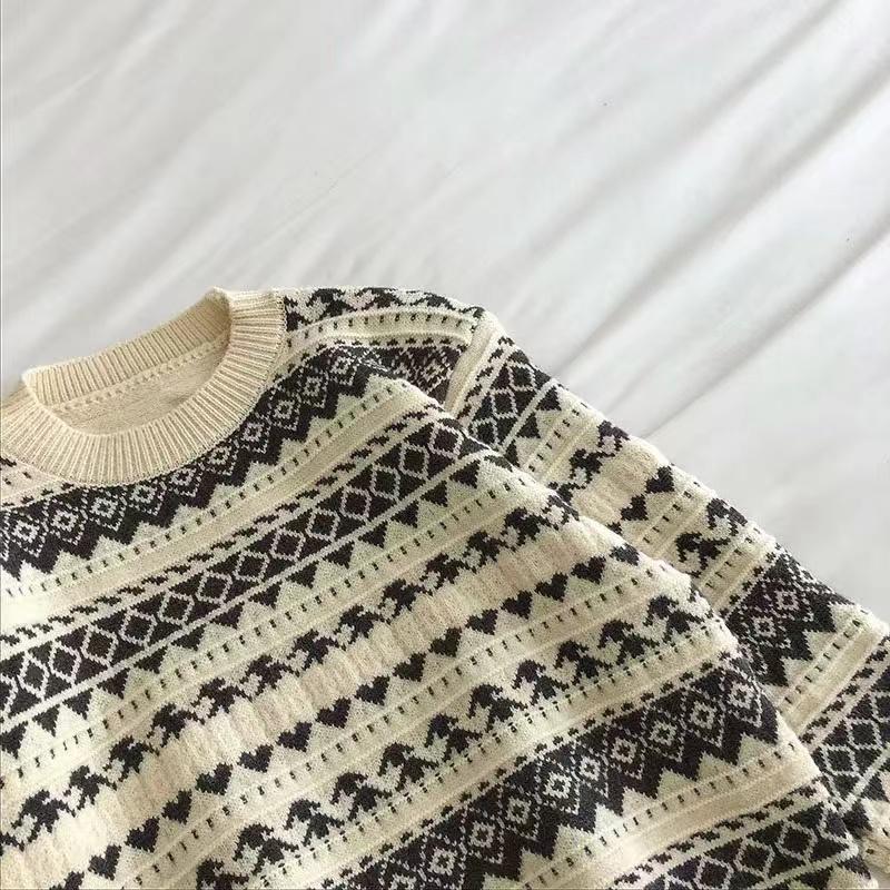 Autumn Winter Women Sweater Pullover Knit Jumpers Casual Loose Striped Pull Korean Knitwear Top Girls Student Retro Vintage Sweater Short Warm O Neck