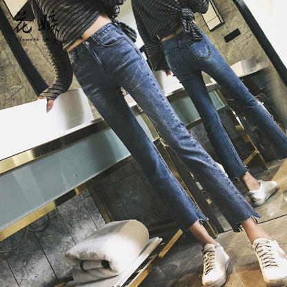 WTEMPO Straight Jeans Female Students' Pants Were Thin and Elastic Nine Points Micro Pull Pants Women