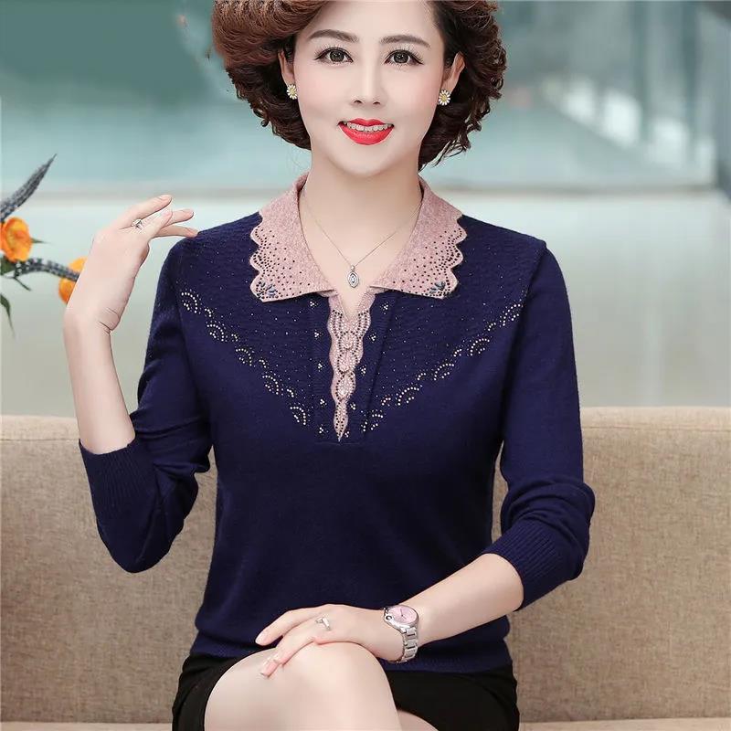 Women's Solid Color Lace Lapel Pullover Knitwear Fashion Lace Neckline Plus Size Sweater