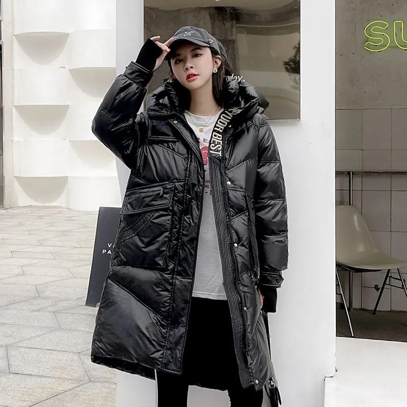 Matte Down Jacket Mid-length Women's Loose Hooded White Duck Down Warm Student Jacket