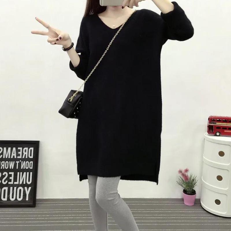 Oversized Women's Loose Bottoming Shirt Autumn and Winter V-neck Mid-length Knit Sweater Pullover Casual Coat