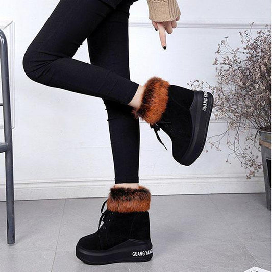 Winter Boots Women  Thick-soled  Platform Rabbit Hair Increased Round Head Ankle Boots High-heeled  SuedeMartin Boots