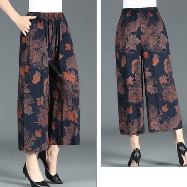 XL-4XL Spring High Waist Wide Leg Pants Summer Loose Large Size Thin Culottes Elastic Waist Printed Cropped Pants