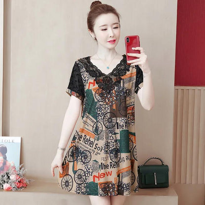 Large Size L-XXXXXL Women's Summer Dress Chiffon Veil Printing Above Knee V-neck Ruffle Short Sleeve Loose