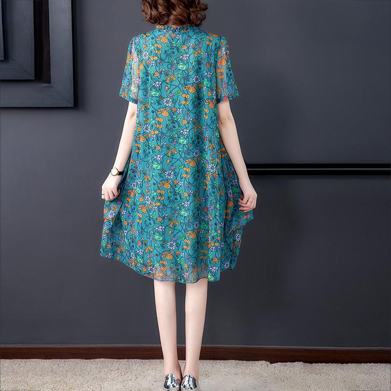 Chiffon Floral  Dress L-XXXXXL Women's Summer Veil Short Sleeve Round Neck Lightweight and Breathable