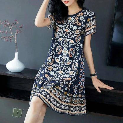 Short-sleeved Ice Silk Dress Female Summer Retro Floral Thin Loose Skirt Simulation Silk Temperament Printed Pleated Dress A-line Skirt