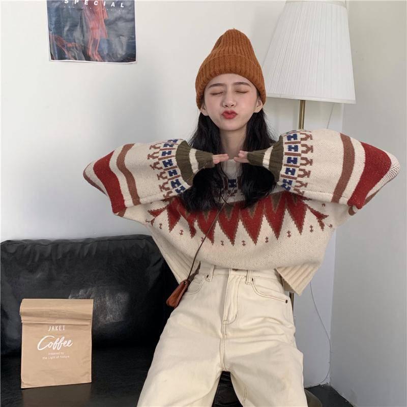 Pofulove Autumn Winter Loose Retro Short Sweater Women Thick Pullover Students Long Sleeve Women