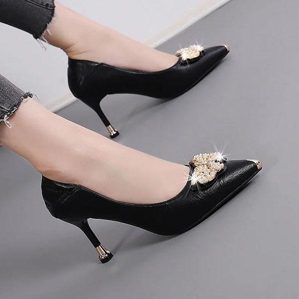 Women's Spring and Summer Soft Leather High Heels Genuine Leather Stiletto Shoes Rhinestone Butterfly Shoes for Office Ladies