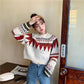 Women's Winter Loose Geometric Pattern Short Sweater O-Neck Retro Contrast Diamond Knitted Pullover