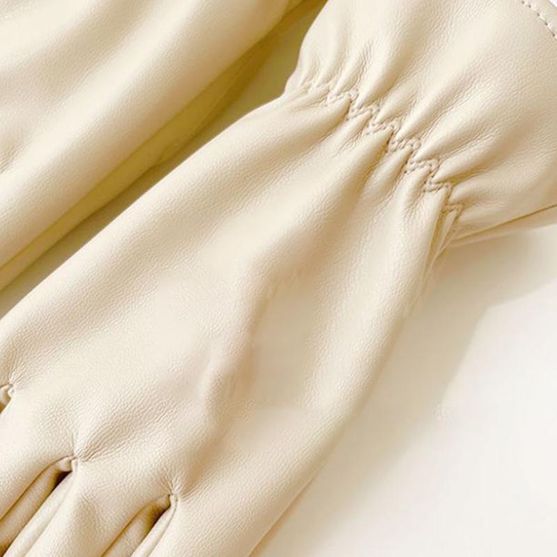 Leather Gloves Women's Winter Beige Imitation Sheepskin Pattern Plus Velvet Thick Warm Windproof Waterproof Touch Screen Gloves