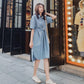 Women T-shirt Dress with Belt Loose Turn-down Collar Casual Loose Big Pocket Short Sleeve Buttons Dress Irregular Split Fork
