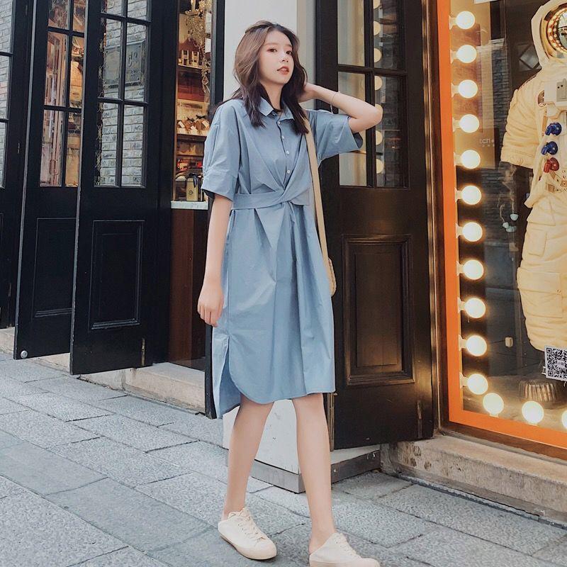 Women T-shirt Dress with Belt Loose Turn-down Collar Casual Loose Big Pocket Short Sleeve Buttons Dress Irregular Split Fork
