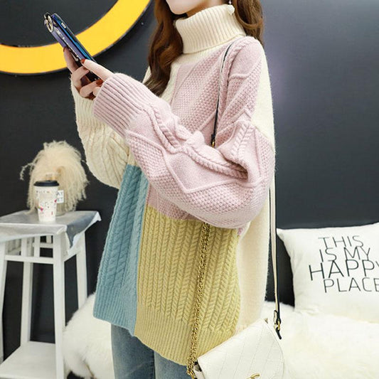 Autumn/winter Turtleneck Sweater Women Loose Thick Warm Color Block Sweater Coat Outer Wear Knit Jumper Pullover