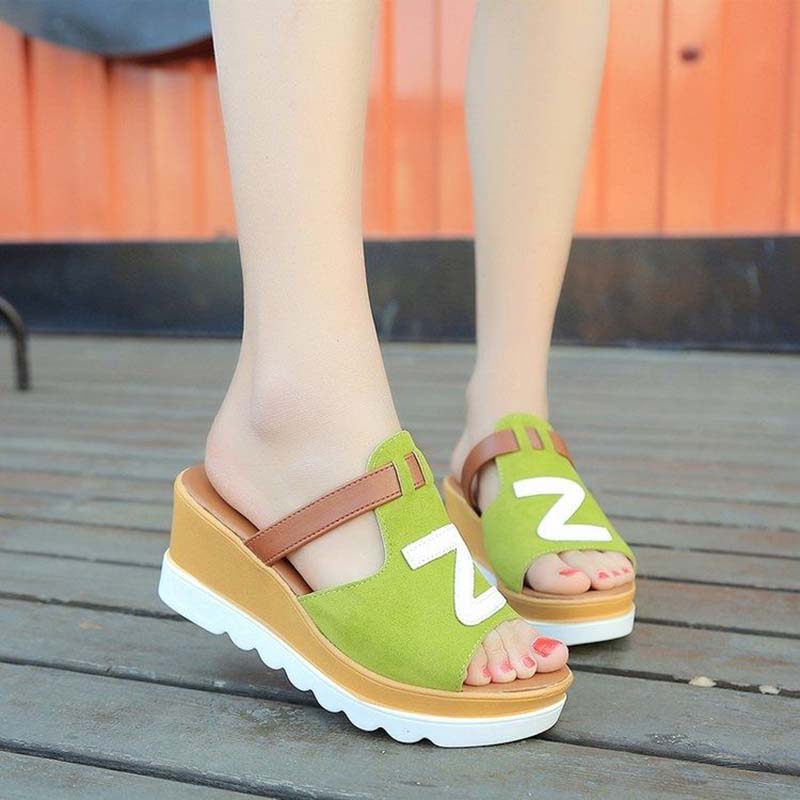 Fish Mouth Sandals and Slippers Women's Summer Frosted Leather Color Matching Thick-soled Sponge Cake Lazy One-word Drag Wedge High-heeled Sandals