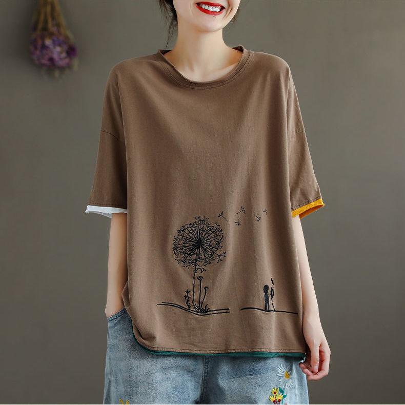 Large Size Dandelion Print T-shirt Ladies Short Sleeve Shirt Casual Loose Pullover Summer