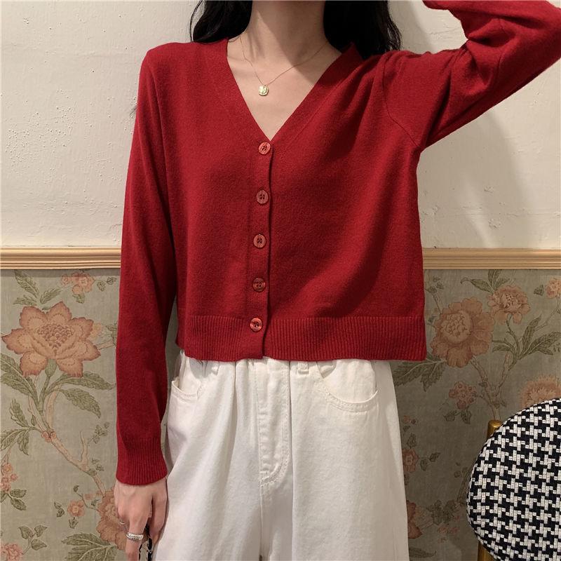 Spring and Autumn Style V-neck Cardigan Short Long Sleeve Top Jacket Thin Sweater Knitwear Women's Trend