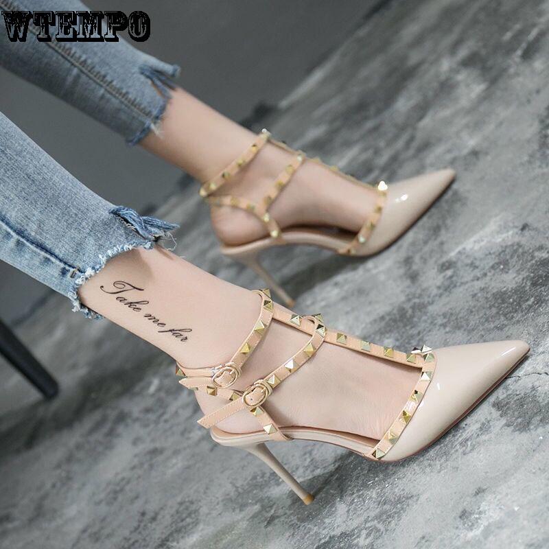 Shallow Mouth Fashion Lace Sandals Women's Fine Heels Rivet Pointed Shoes Sexy Sneakers