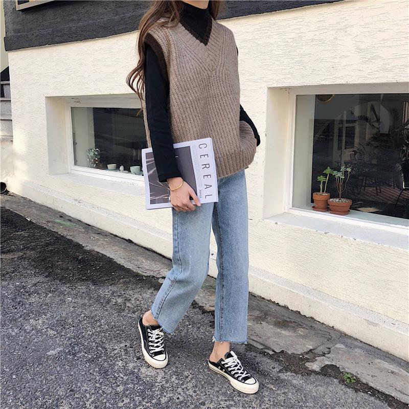 Pofulove Spring Autumn Korean Vest Knit Sweater V-neck Loose Vest Sweater Female Students Lazy Top