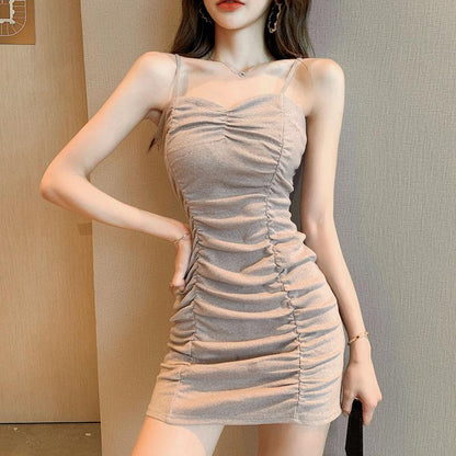 Women's Summer Tight Pleats Show Thin and Sexy Dress with Short Buttocks and Solid Color Suspender