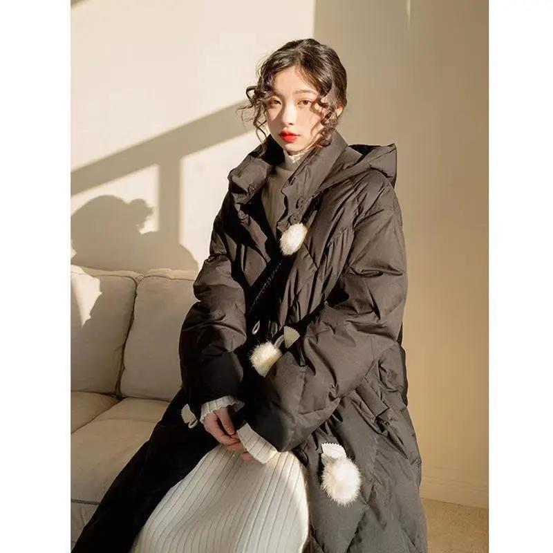 Duck Down Retro Diamond Lattice Horn Buckle Real Hair Ball Cute Down Jacket Mid-length Hooded Loose Warm Jacket Women