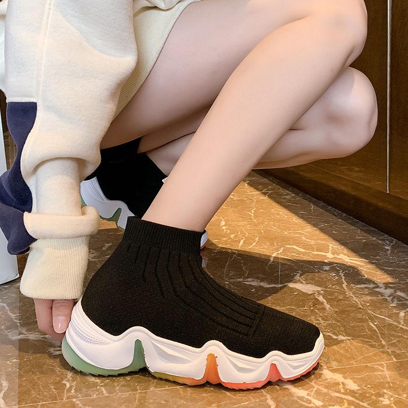 Spring and Summer Breathable Stretch Socks Shoes Women's High-top Ankle Boots Korean Style All-match Knit Boots