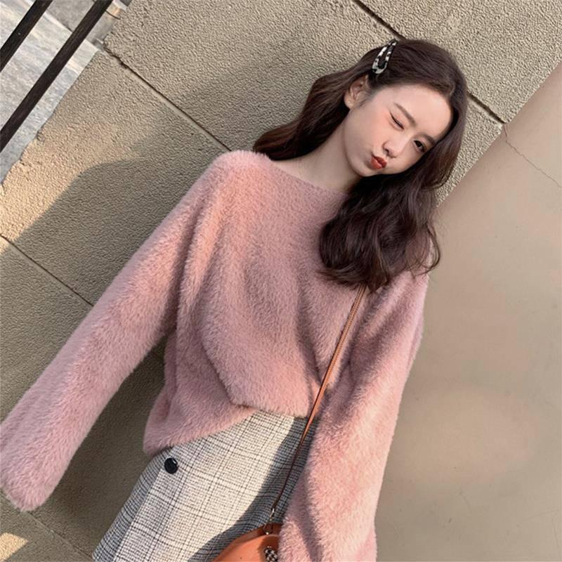 Pofulove Mink Wool Sweater Female Students Loose Autumn Thickened Pullover Knitted Bottoming Shirt