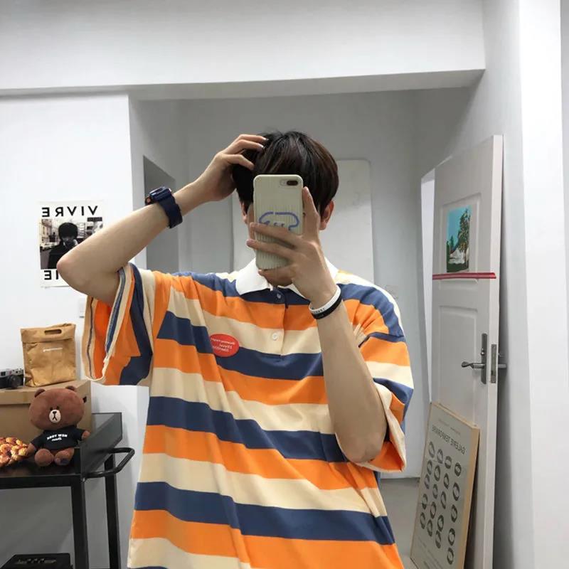 Pure Cotton Short-sleeved T-shirt Men's Hit Color Plus Size Five-point Sleeve Loose Lapel   Shirt Trend