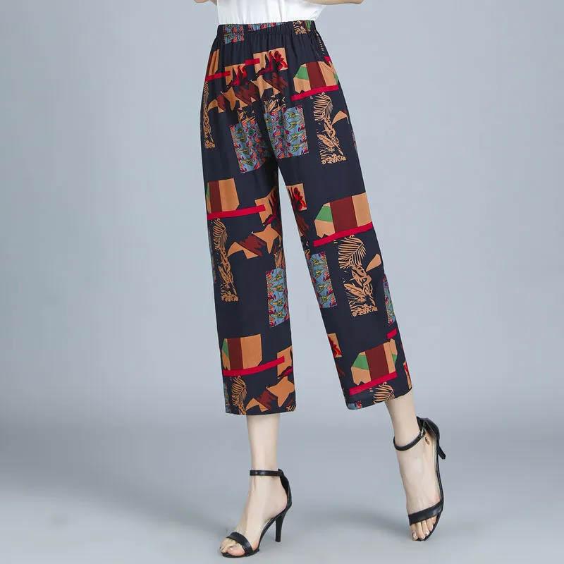 Women's Pants Summer Thin Cotton Silk Nine-point Pants Elastic Waist Casual Straight Eight-point Pants Comfortable Loose Breathable Trousers