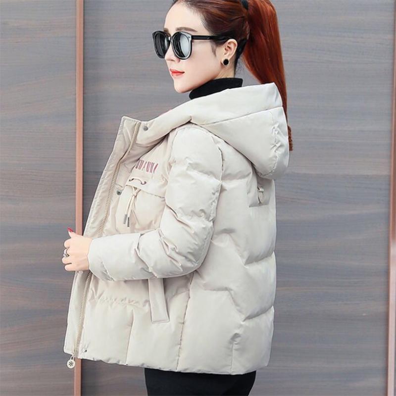 Women's Solid Color Short Down Jacket Winter Korean Style Loose Quilted Jacket Casual Warm Hooded Down Jacket