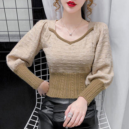 Autumn Winter Long-sleeved Pullover V-neck All-match Sweater with Knitted Tops for Women Slim Fit