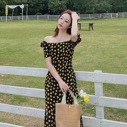 Women's Summer Floral Dress Square Neck Puff Sleeves Thin Mid-Length Skirt