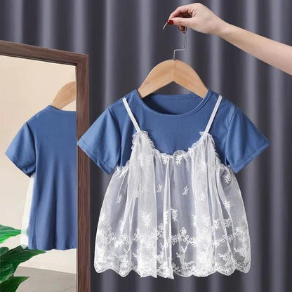 Cotton Girl Fake Two Summer T -shirts Female Baby Children's Children's Clothing Lace Wild Short Sleeve Top