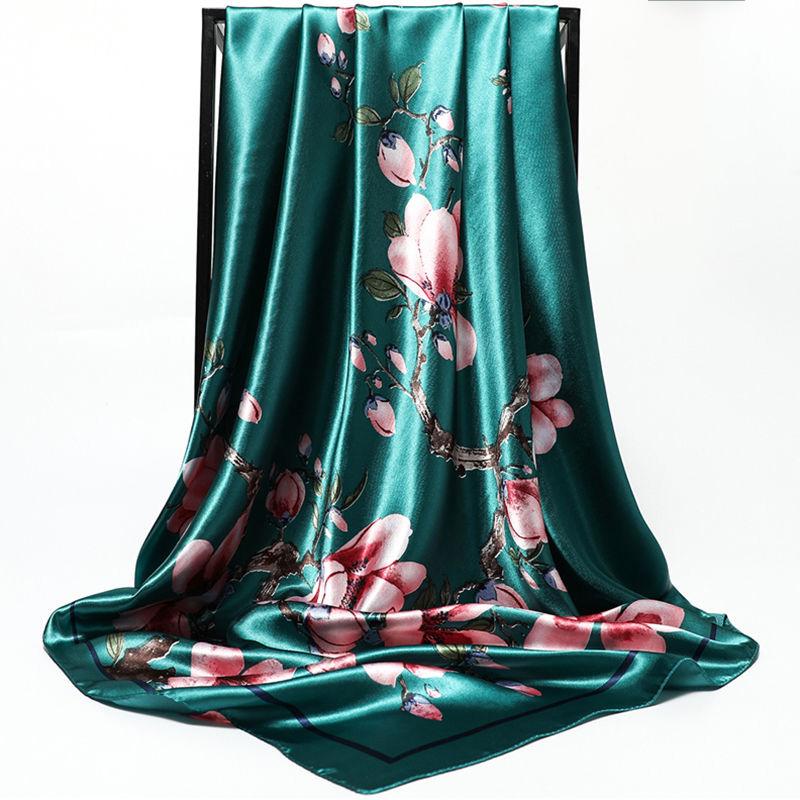 Flower Wrap Shawl Square Silk Imitation Satin Women Elegant Scarf  All-match Headscarf Sunscreen Gauze Shawl