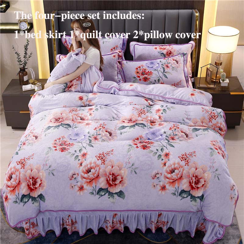 Milk Velvet Thick Bed Skirt Four-piece Quilt Cover Pillowcase Bed Skirt Set Household Bedding