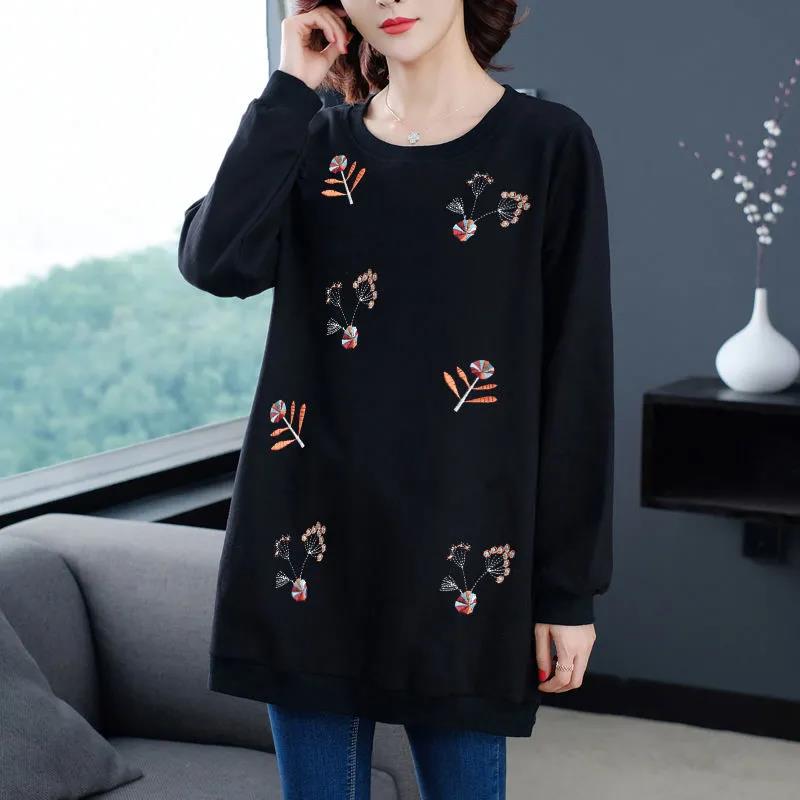 Women Loose T-shirt Long Sleeve Flower Embroidery Casual Round Neck T-shirt Ladies Pullover