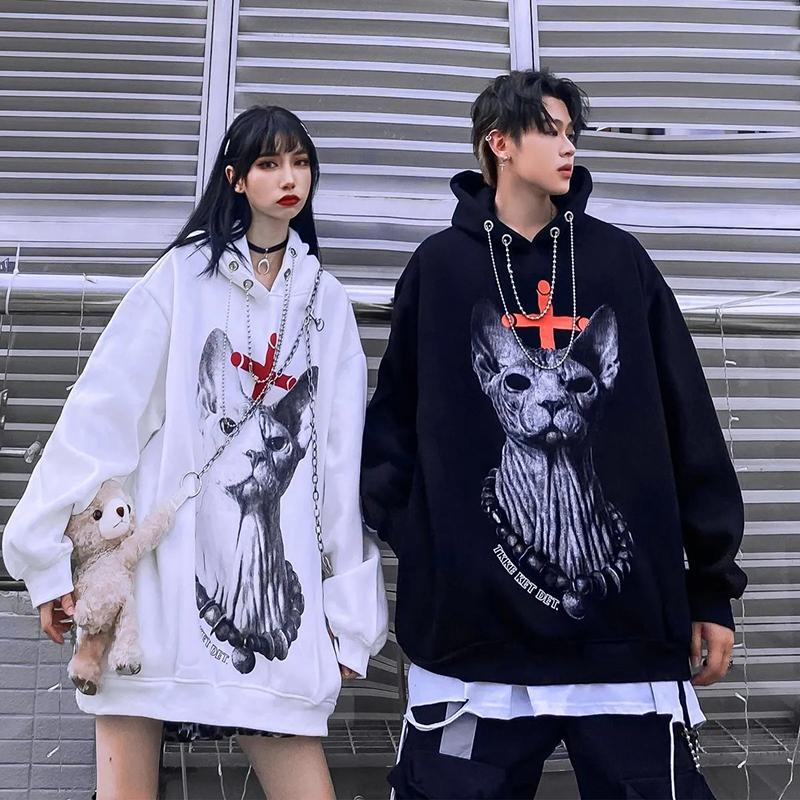 Gothic Punk Sweatshirts Pullover Hoodies Women White Black Printed Oversized Harajuku Sport Shirt Fashion Streetwear Tops with Chain Girl Long Hoodies