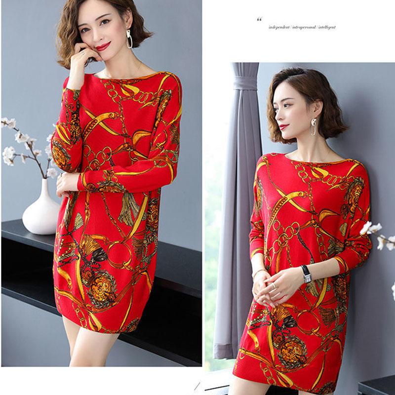 High-end Cashmere Sweater Women Autumn Plus Size Printed Wool Sweater Dress Women Mid-length Knit Dress Outwear