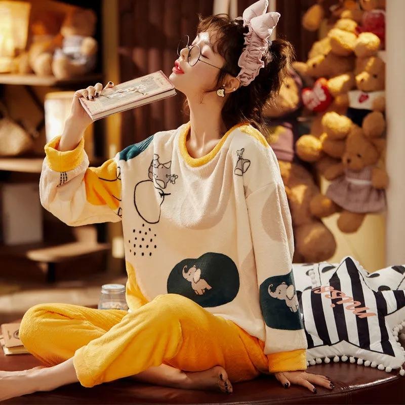 Women's Pajamas for Fall Winter Coral Fleece Sleepwear Set Flannel Warm Thick Home Wear Suit Cartoon Cute Loose Nightwear Long Sleeve Round Collar