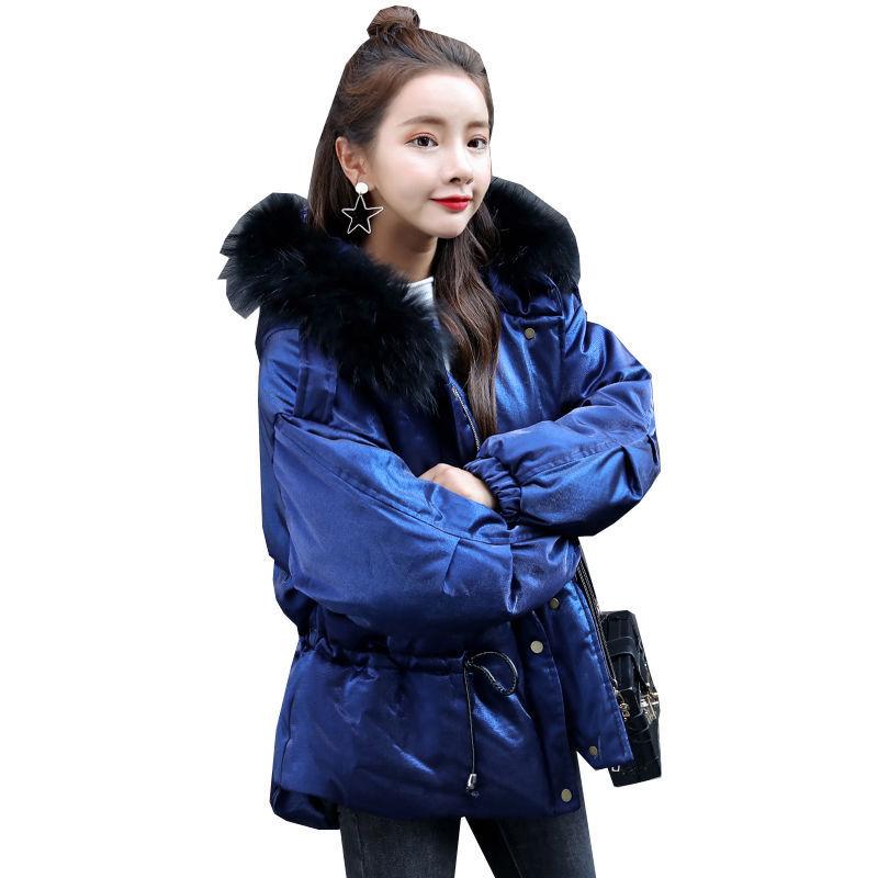 Autumn Winter Women's Cotton Jacket Hooded Parkas with Fur Collar Casual Drawstring Thick Shiny Winter Jacket