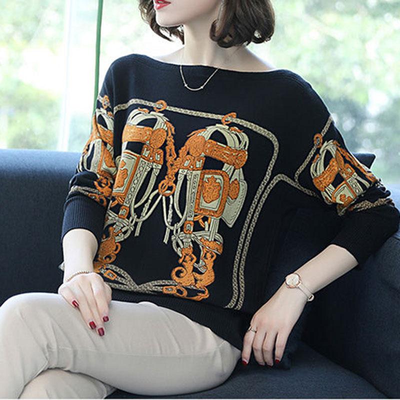 Women's Boat Neck Cashmere Sweater Short Loose Pullover Plus Size Printed Cardigan Ethnic Style Wool Knit Jumper